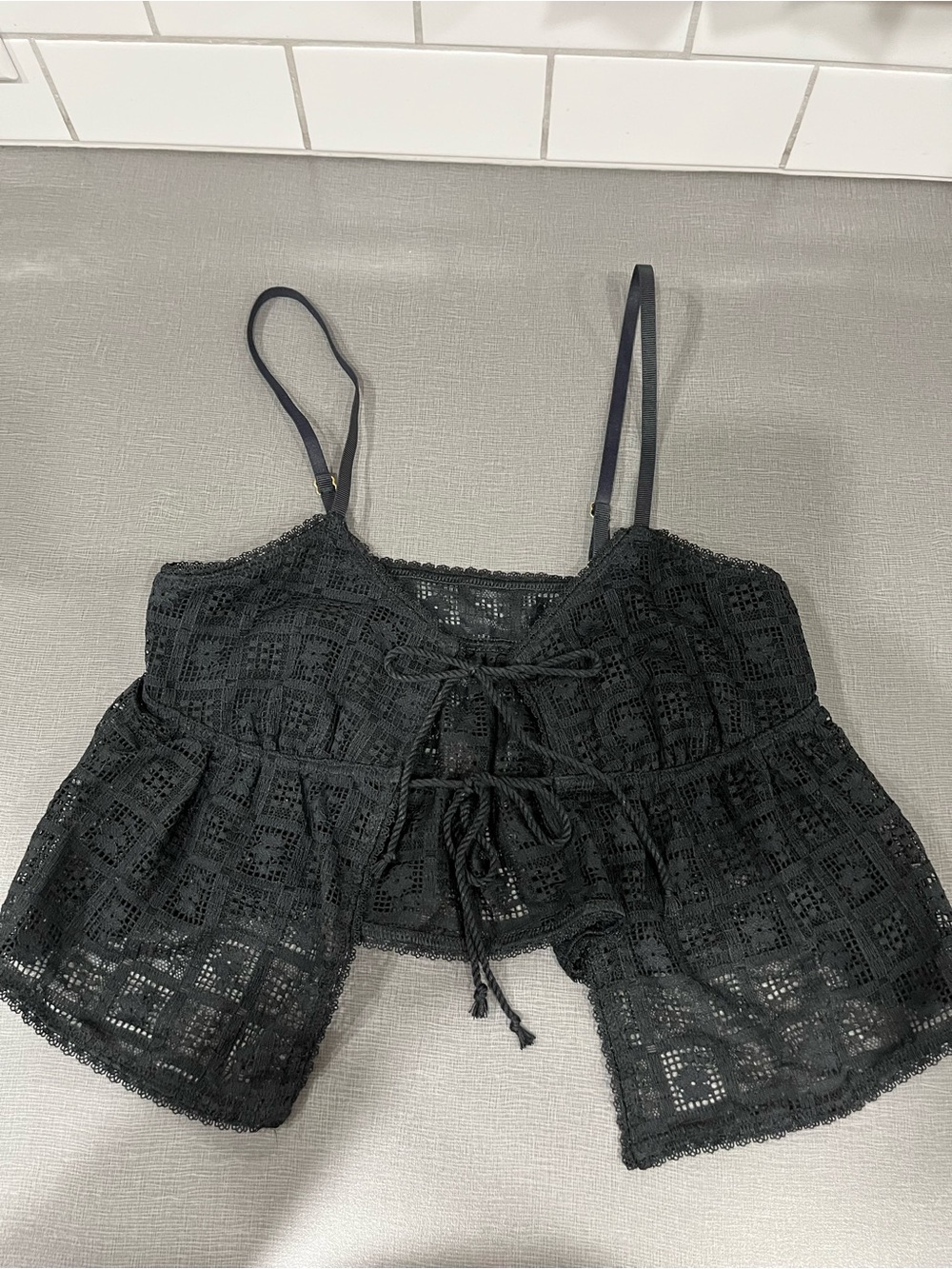 aerie Black Lace Crochet Tie-Front Cami